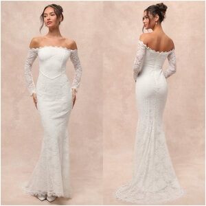 LULU’S Beloved Promise White Lace Off-the-Shoulder Mermaid Maxi Dress